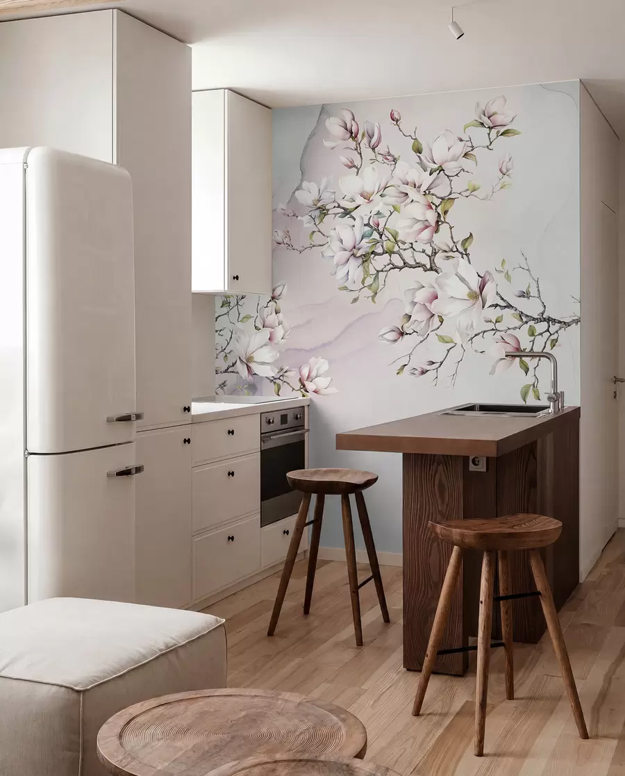 wall murals Blooming magnolia trees on a marble background u96114