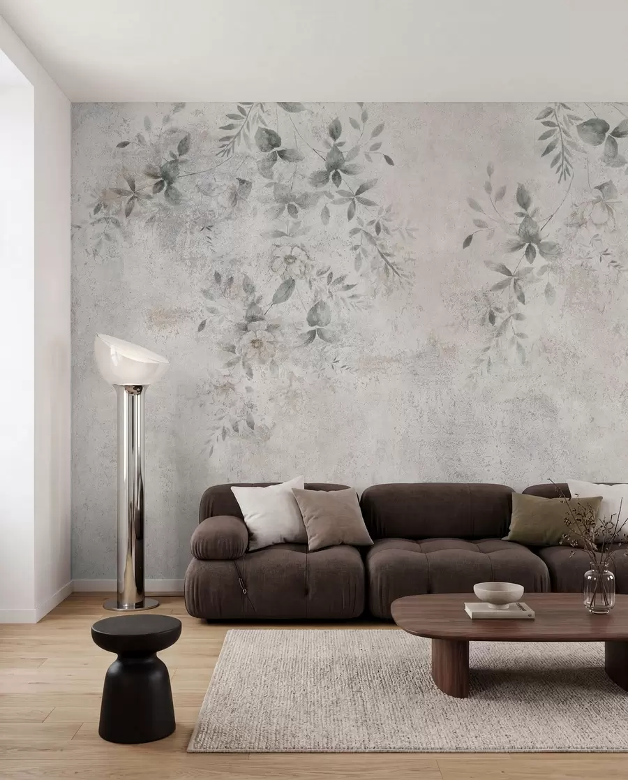 wall murals Flowers with branches on concrete grunge background minimalism u96140