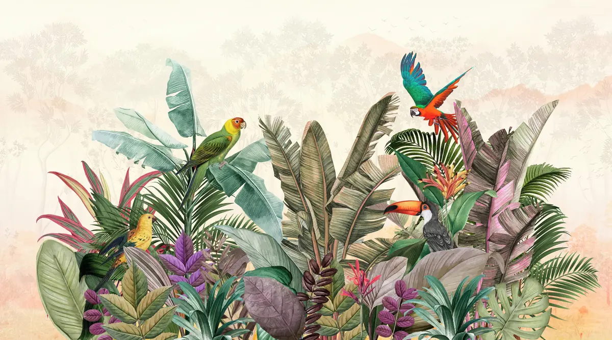 Wall murals Vintage tropical birds parrot in tropical leaves nr. u96144