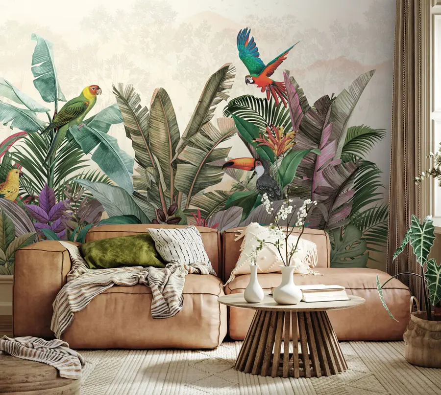 wall murals Vintage tropical birds parrot in tropical leaves u96144