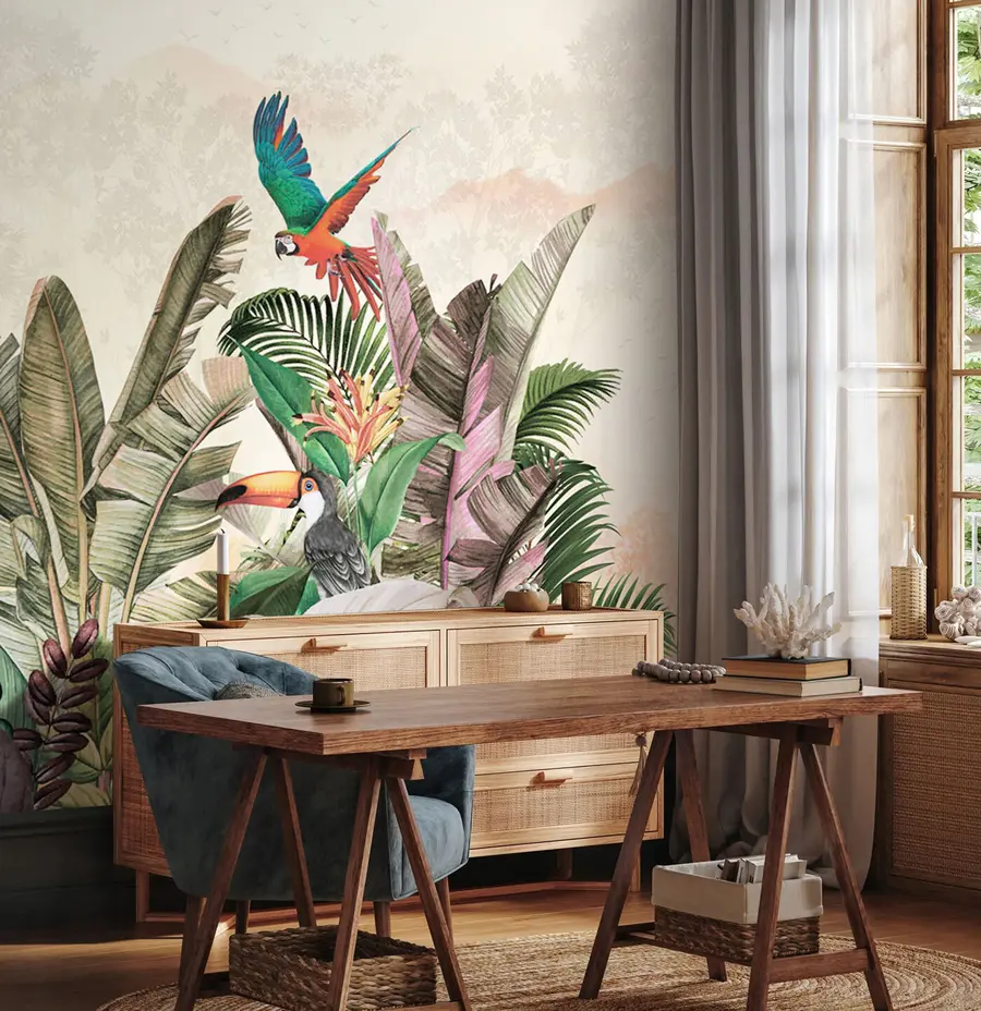 wall murals Vintage tropical birds parrot in tropical leaves u96144
