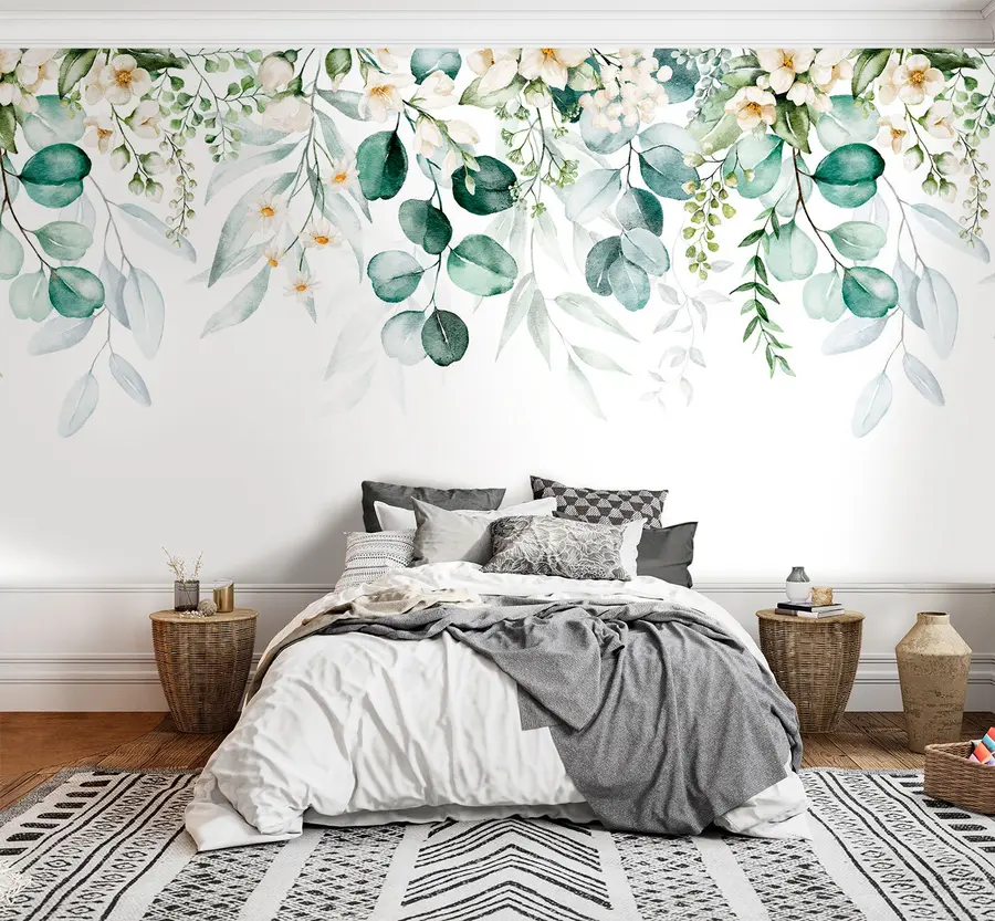 wall murals Illustration with green leaves, white flowers, peony and branches u96063