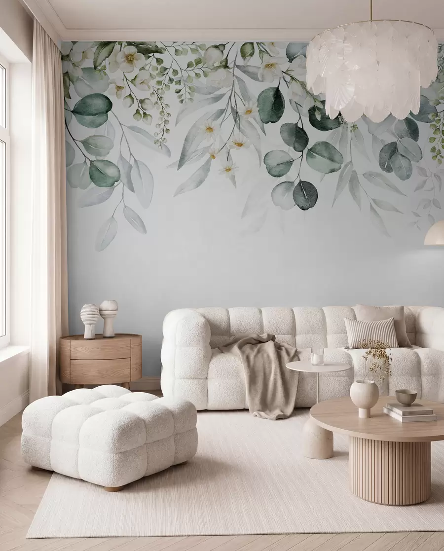 wall murals Illustration with green leaves, white flowers, peony and branches u96063