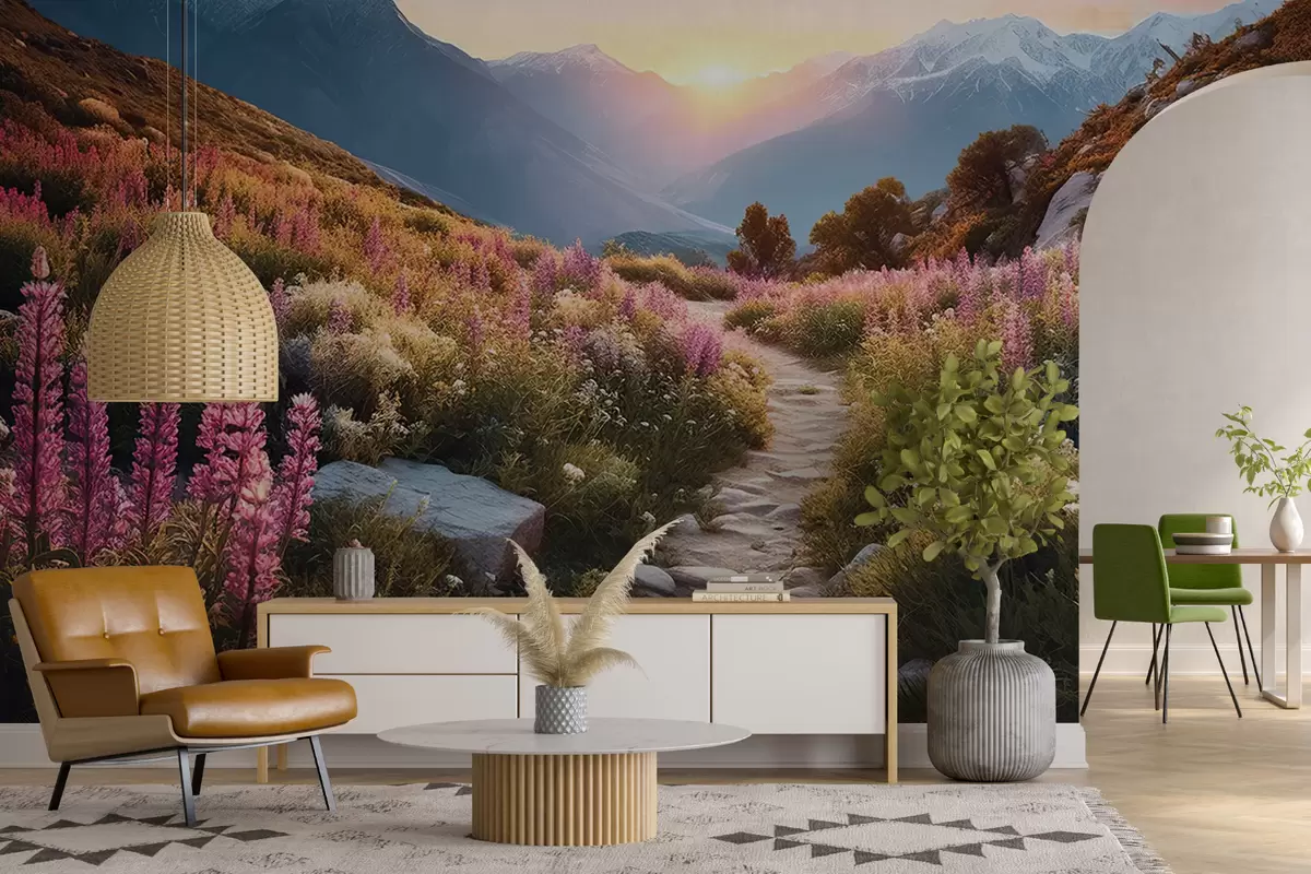 wall murals Mountain landscape magical flowers u96210