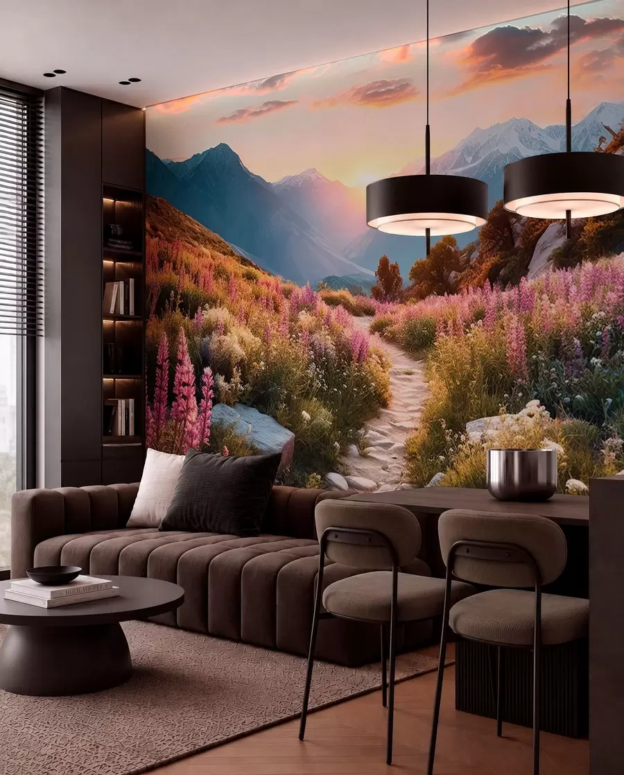 wall murals Mountain landscape magical flowers u96210