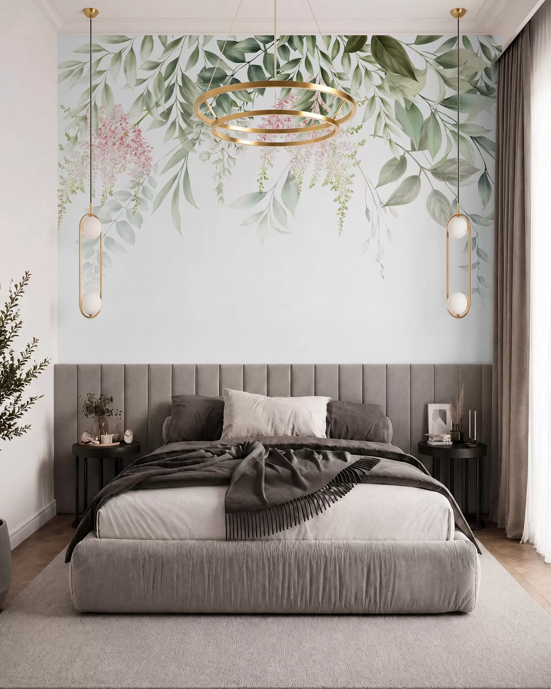 wall murals Foliage with pink flowers u95923