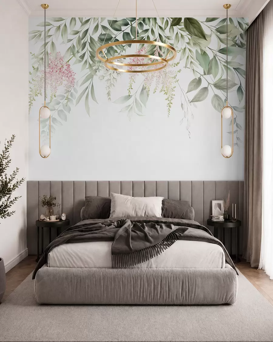 wall murals Foliage with pink flowers u95923