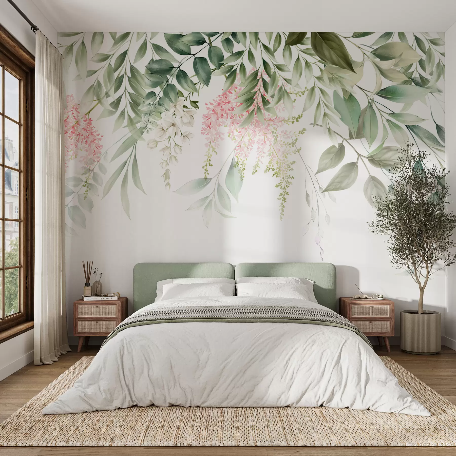 wall murals Foliage with pink flowers u95923