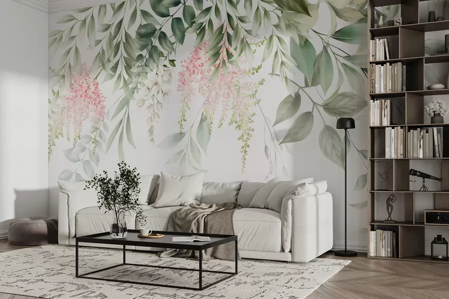 wall murals Foliage with pink flowers u95923