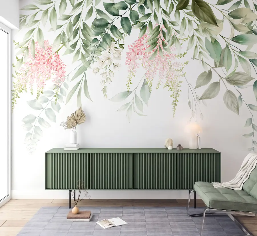 wall murals Foliage with pink flowers u95923