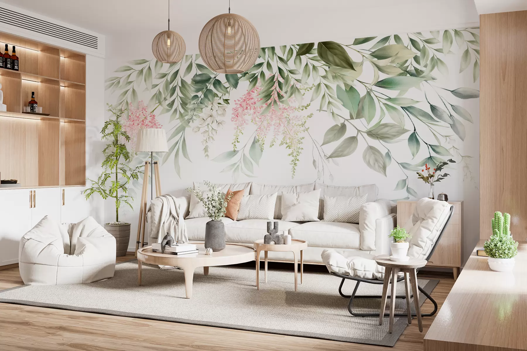 wall murals Foliage with pink flowers u95923