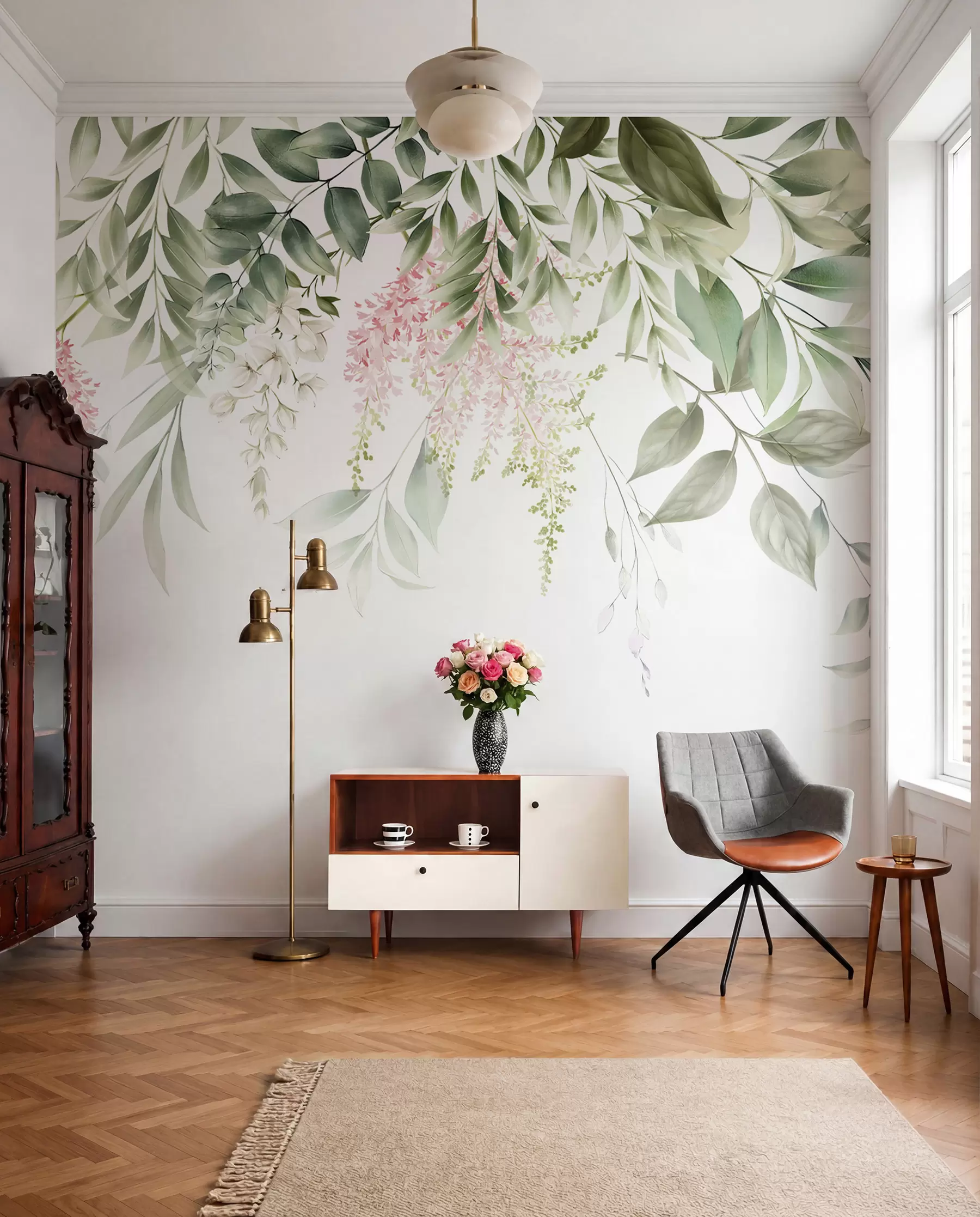 wall murals Foliage with pink flowers u95923