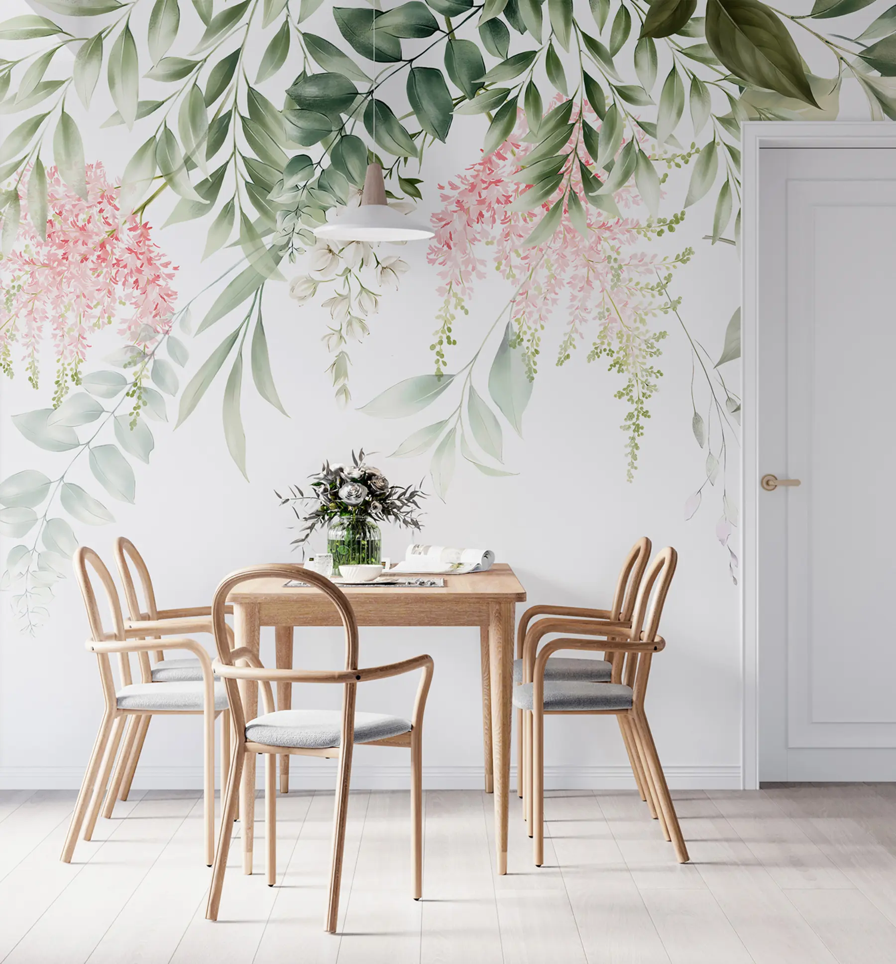 wall murals Foliage with pink flowers u95923