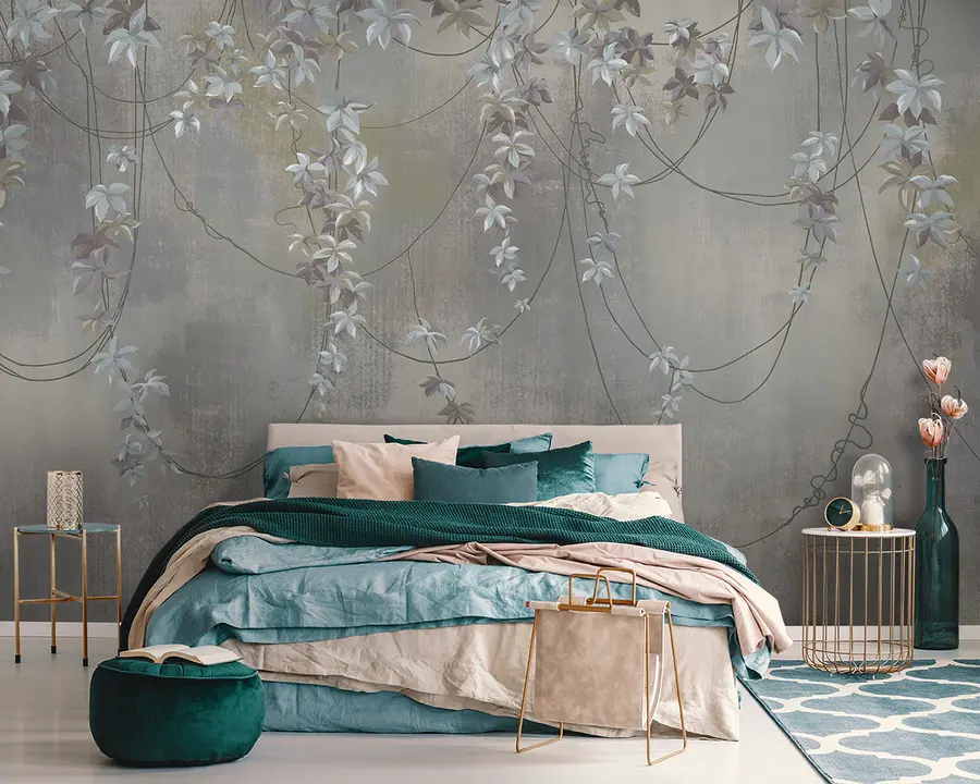 wall murals Hanging branches with leaves and flowers u95926