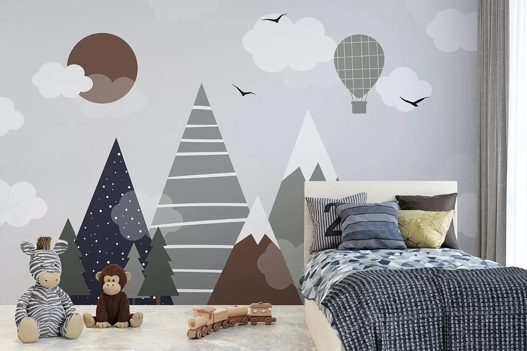 wall murals Mountains, clouds, forest, hot air balloon, sun and birds u96297