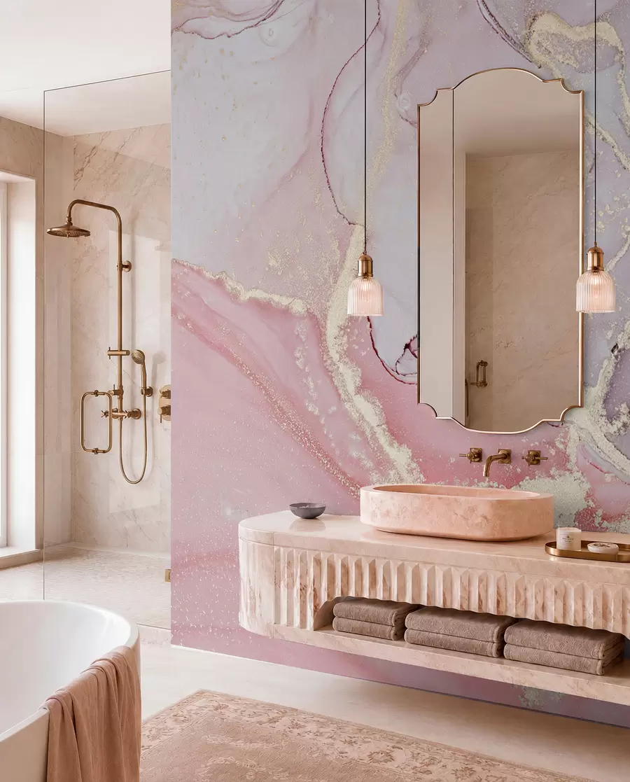 wall murals Pink Marble with Golden Veins u13857