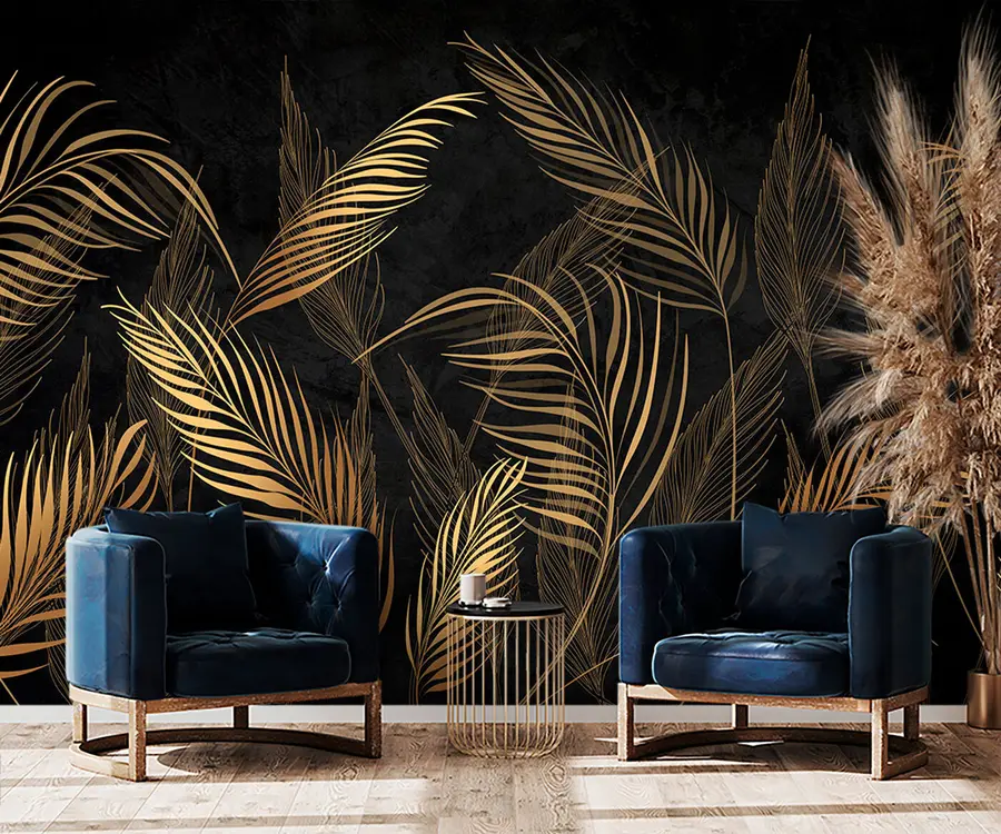 wall murals Palm leaves on black wall background u96318
