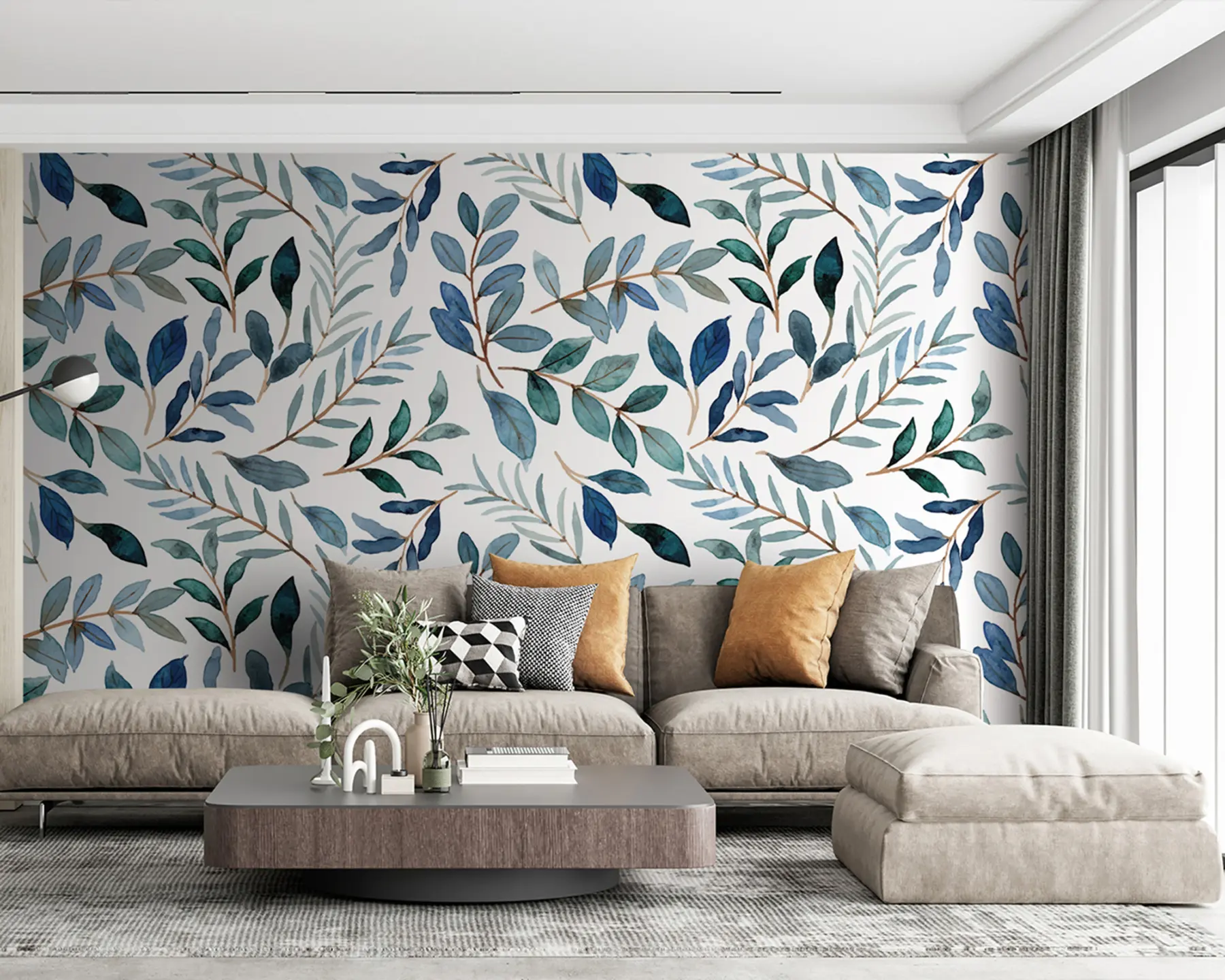 wall murals Blue-green leaves on a watercolor background u96406