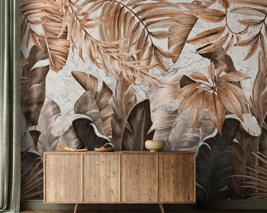 wall murals Tropical leaves in loft style u95674