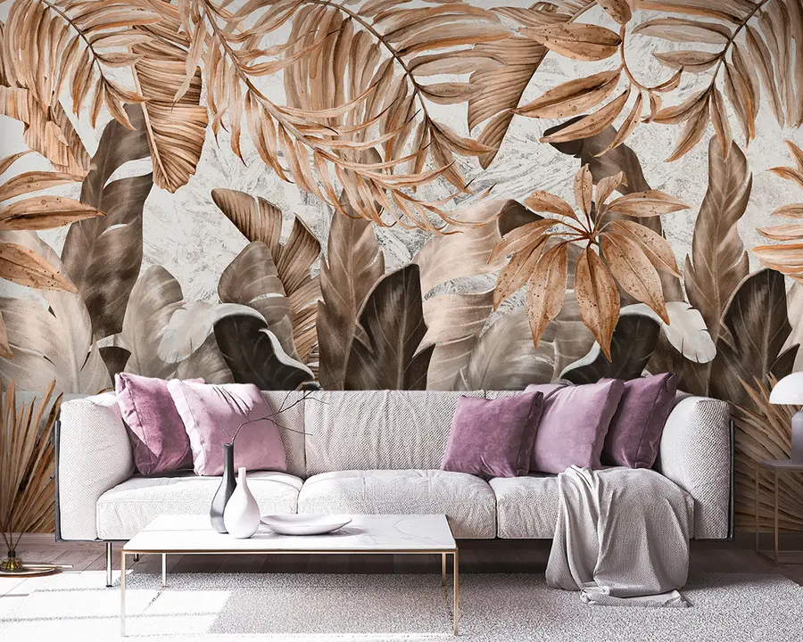 wall murals Tropical leaves in loft style u95674