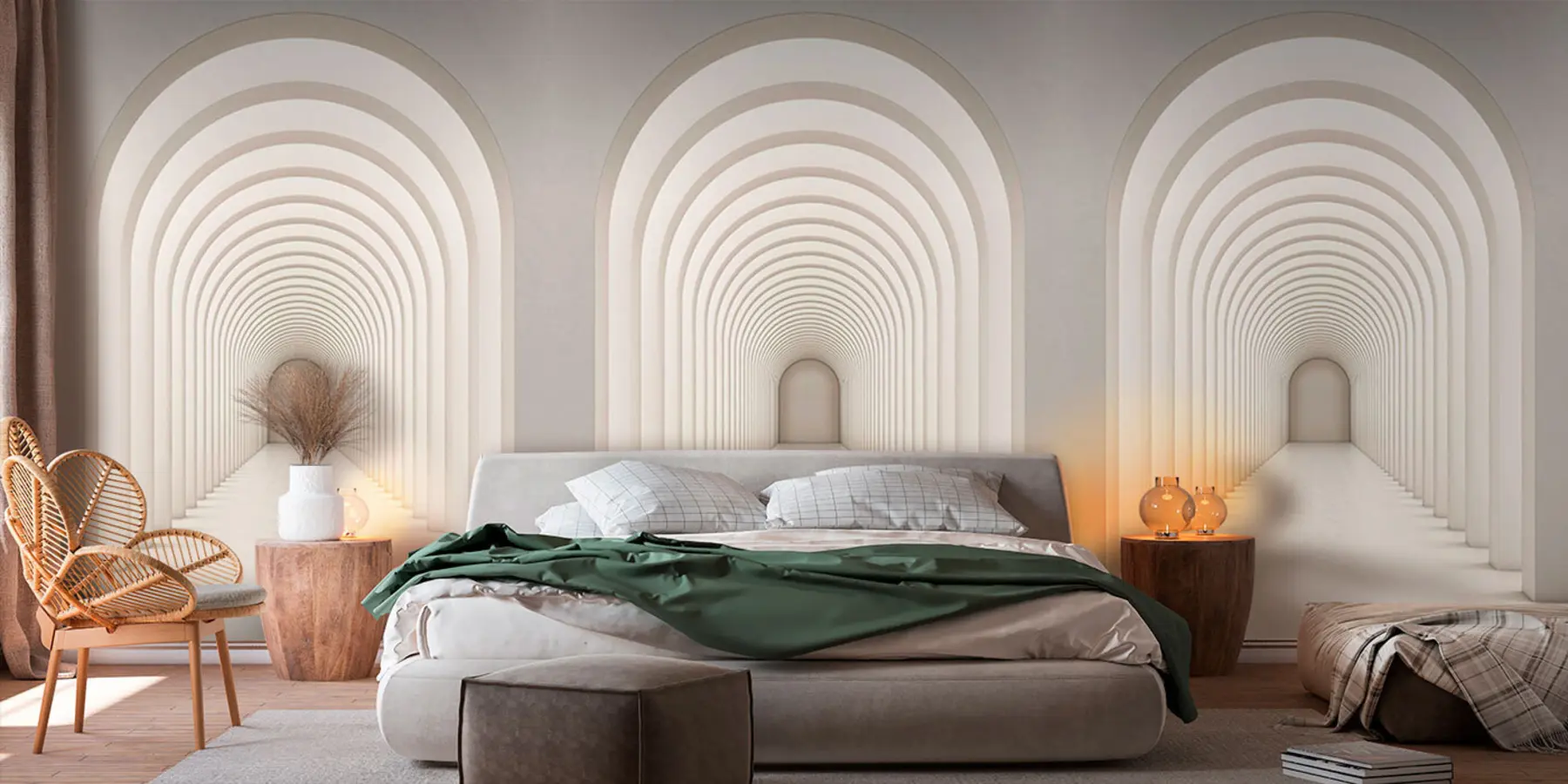 wall murals White concrete arch lined up in a long line with light u96604