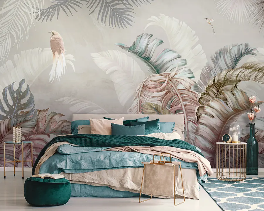 wall murals Tropical illustration with palm banana leaves and birds u96254