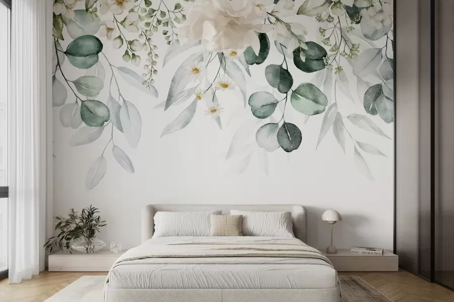 wall murals Watercolor green leaves with flowers u96336