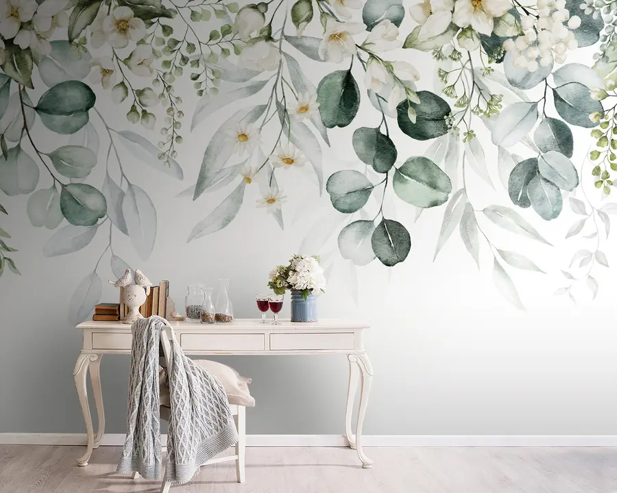 wall murals Watercolor green leaves with flowers u96336