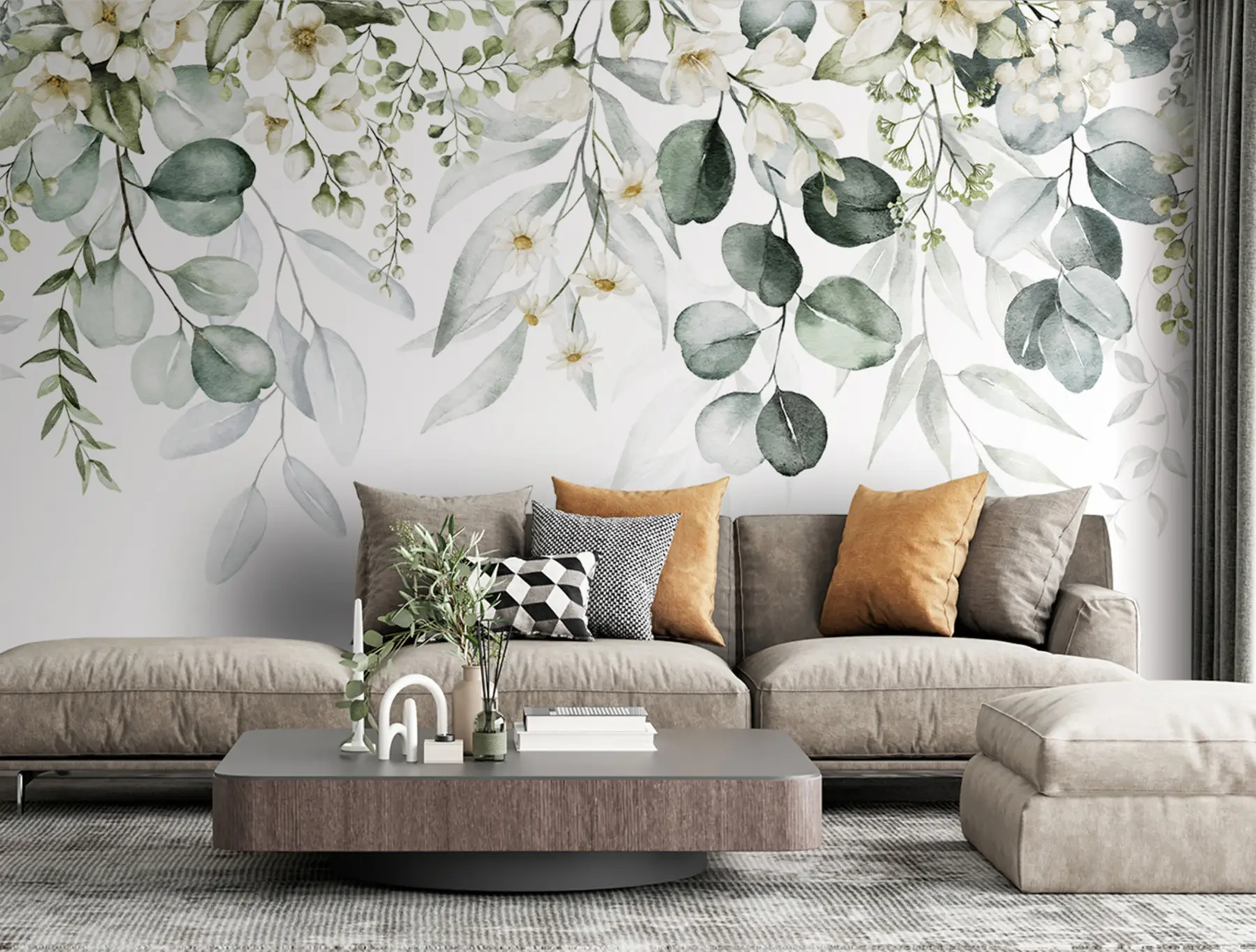 wall murals Watercolor green leaves with flowers u96336