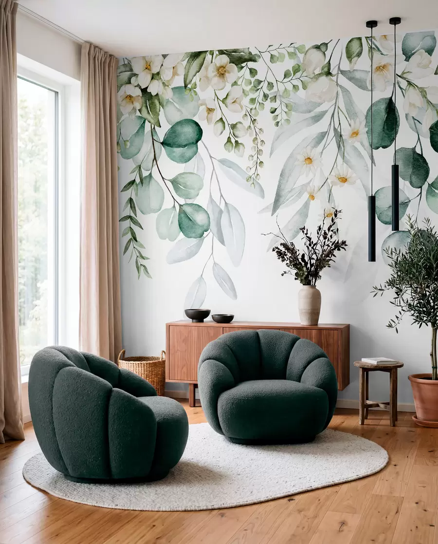 wall murals Watercolor green leaves with flowers u96336