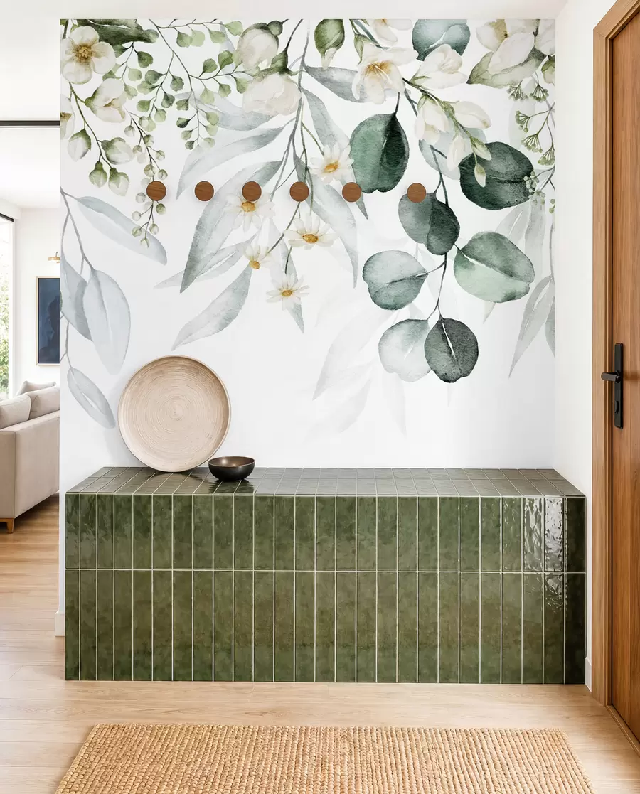 wall murals Watercolor green leaves with flowers u96336
