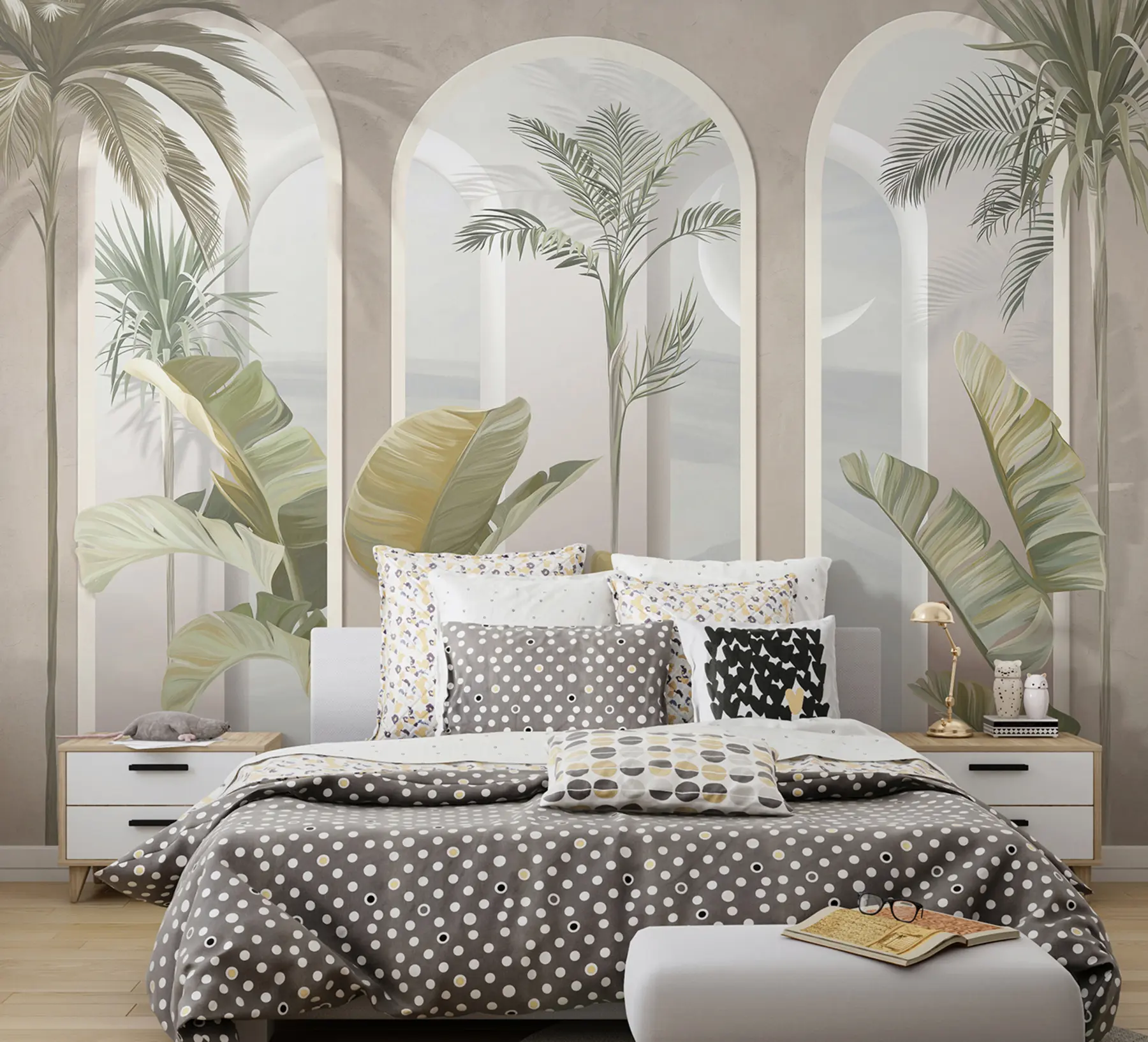 wall murals Tropical 3D leaves with palms and columns u96402