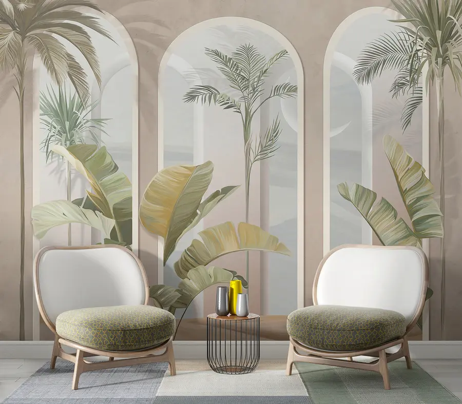 wall murals Tropical 3D leaves with palms and columns u96402