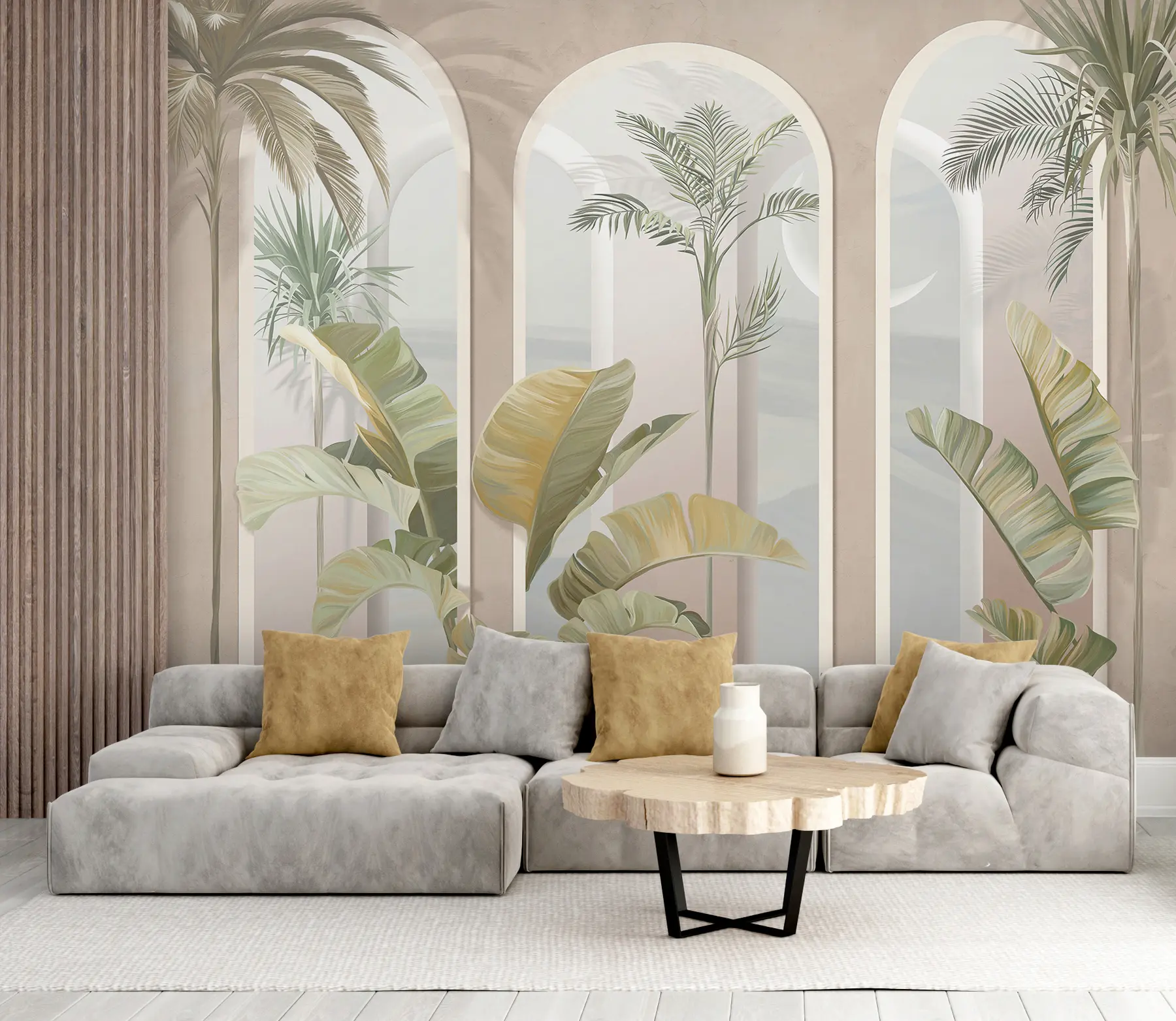 wall murals Tropical 3D leaves with palms and columns u96402