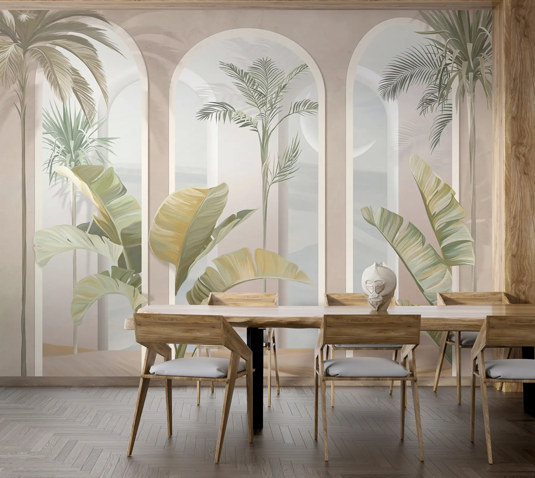 wall murals Tropical 3D leaves with palms and columns u96402