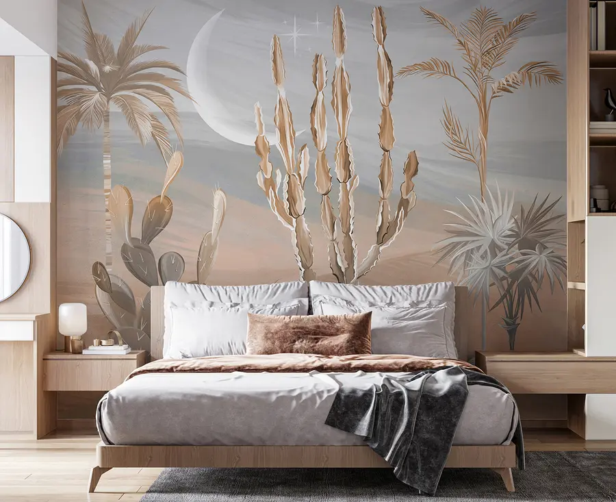wall murals 3D desert with cacti and tropical leaves u96444