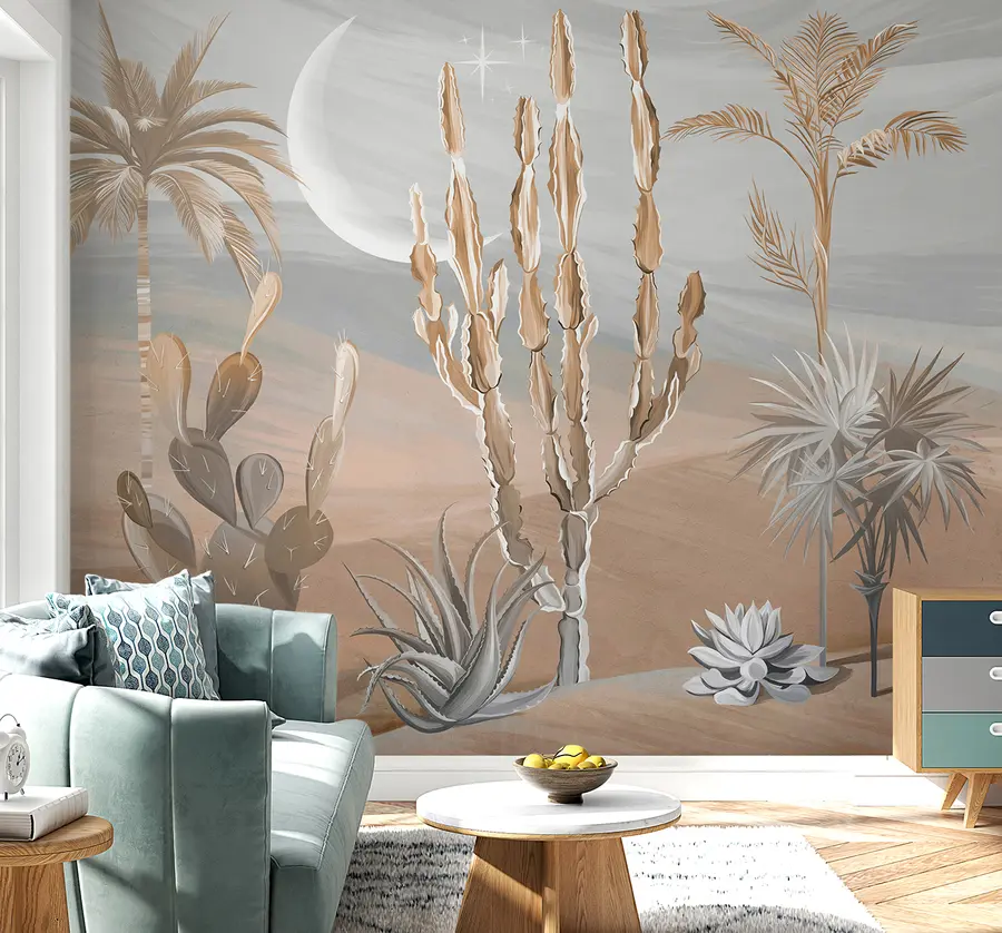 wall murals 3D desert with cacti and tropical leaves u96444