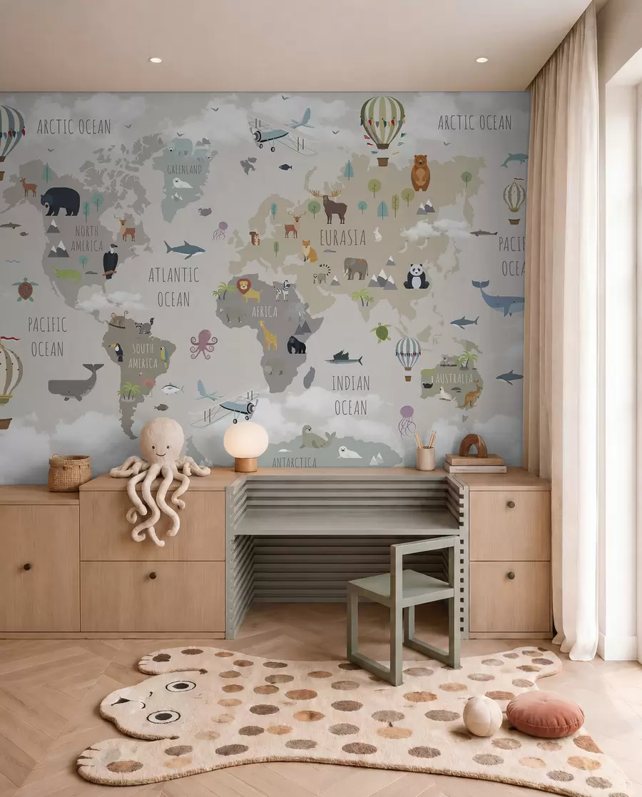 wall murals World map with animals and balloons u96461
