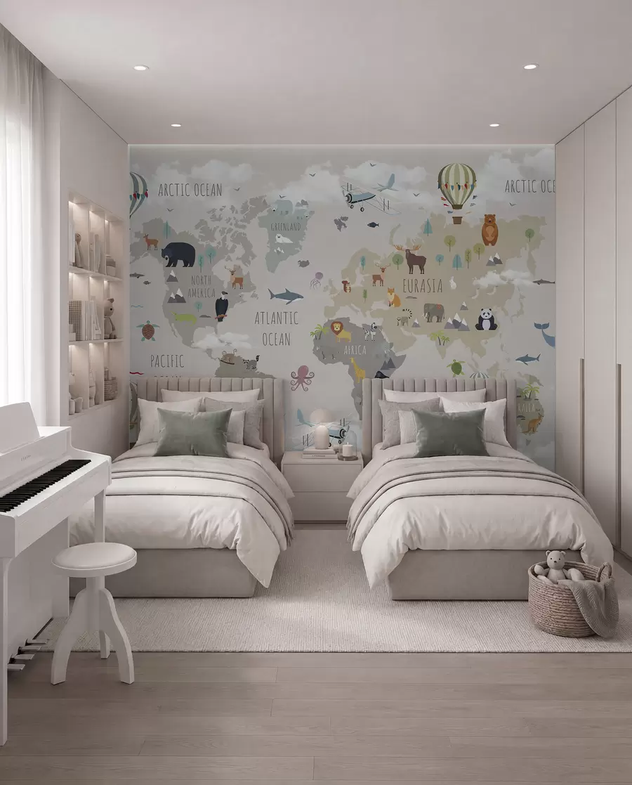 wall murals World map with animals and balloons u96461