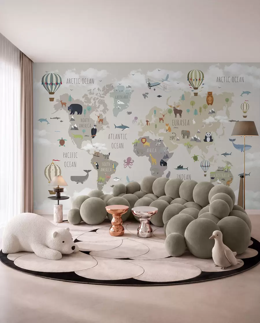 wall murals World map with animals and balloons u96461
