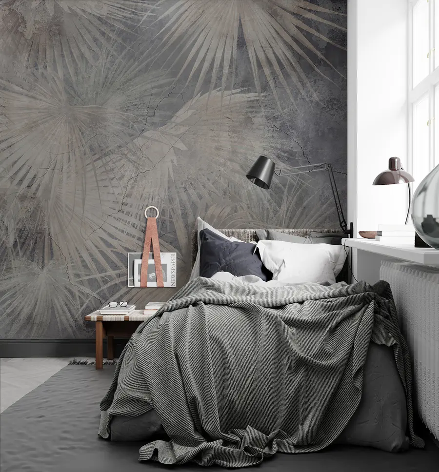 wall murals Exotic tropical leaves on grunge concrete wall u96540