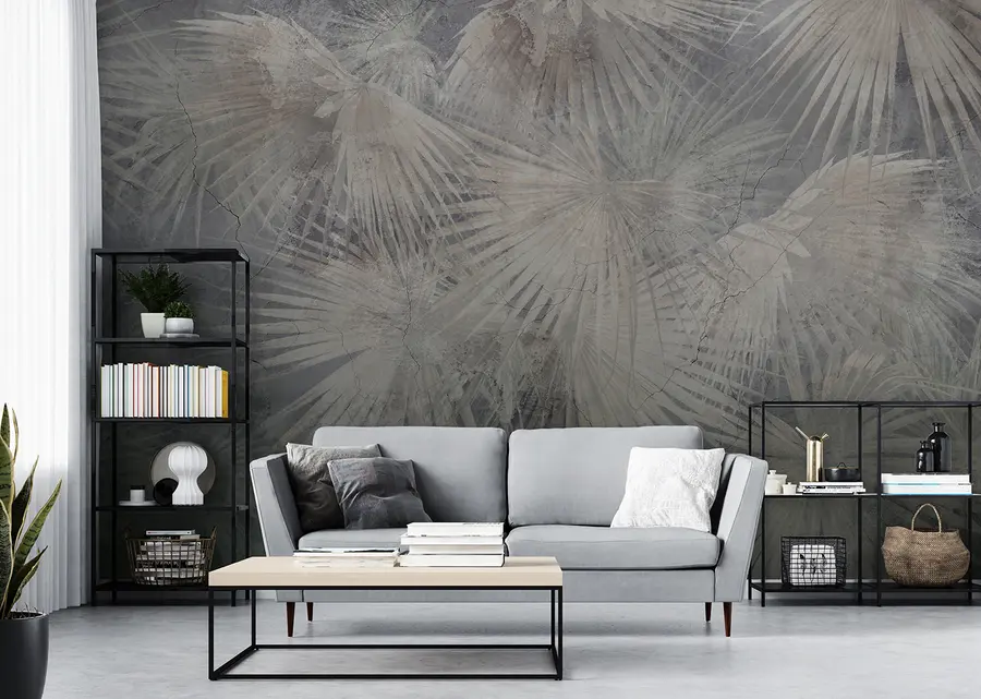 wall murals Exotic tropical leaves on grunge concrete wall u96540