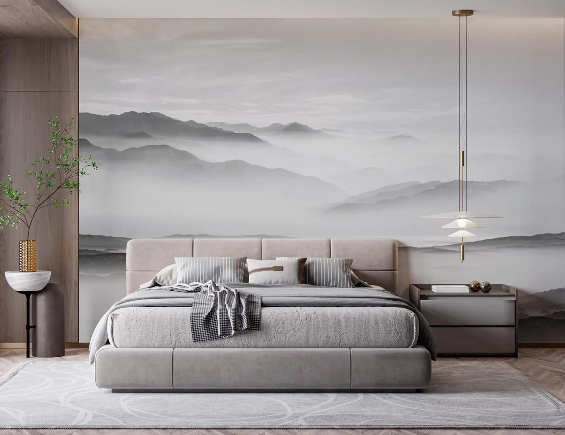 wall murals View of the gray mountains in the fog minimalism monochrome u96922