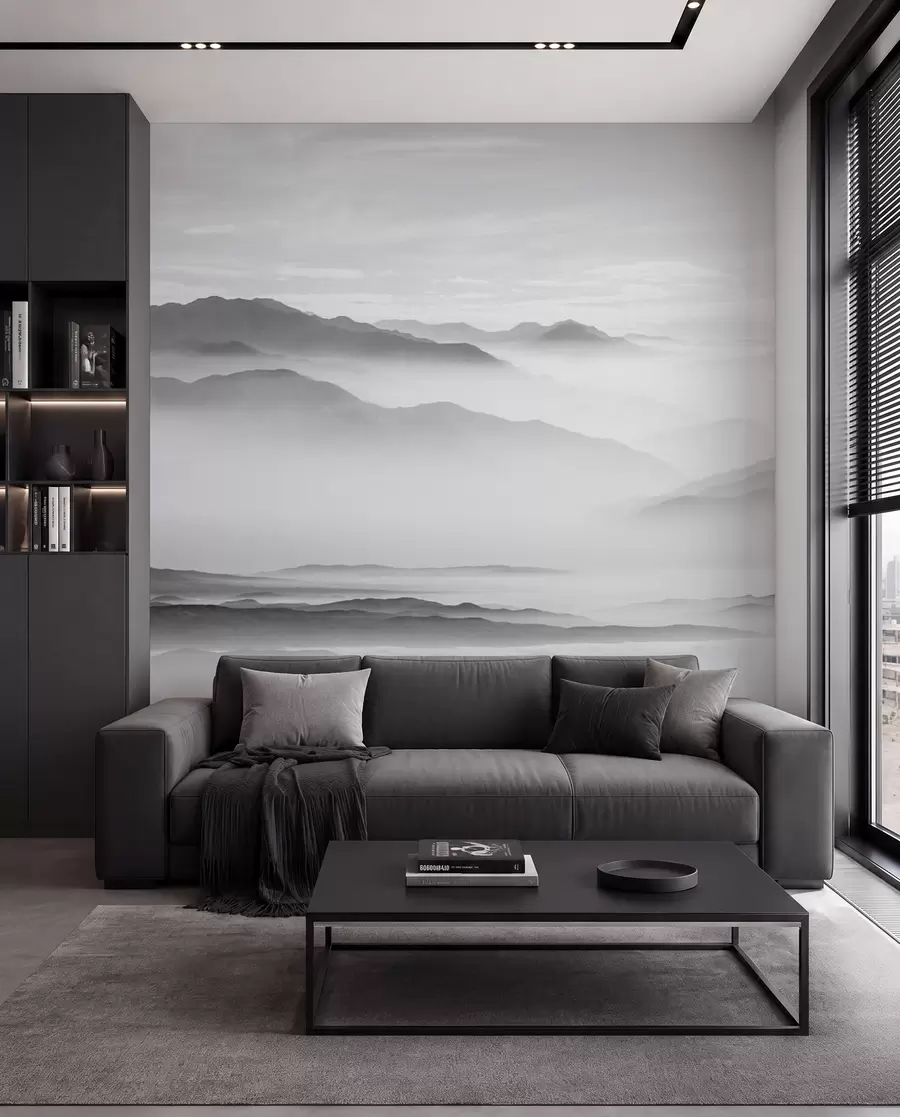 wall murals View of the gray mountains in the fog minimalism monochrome u96922