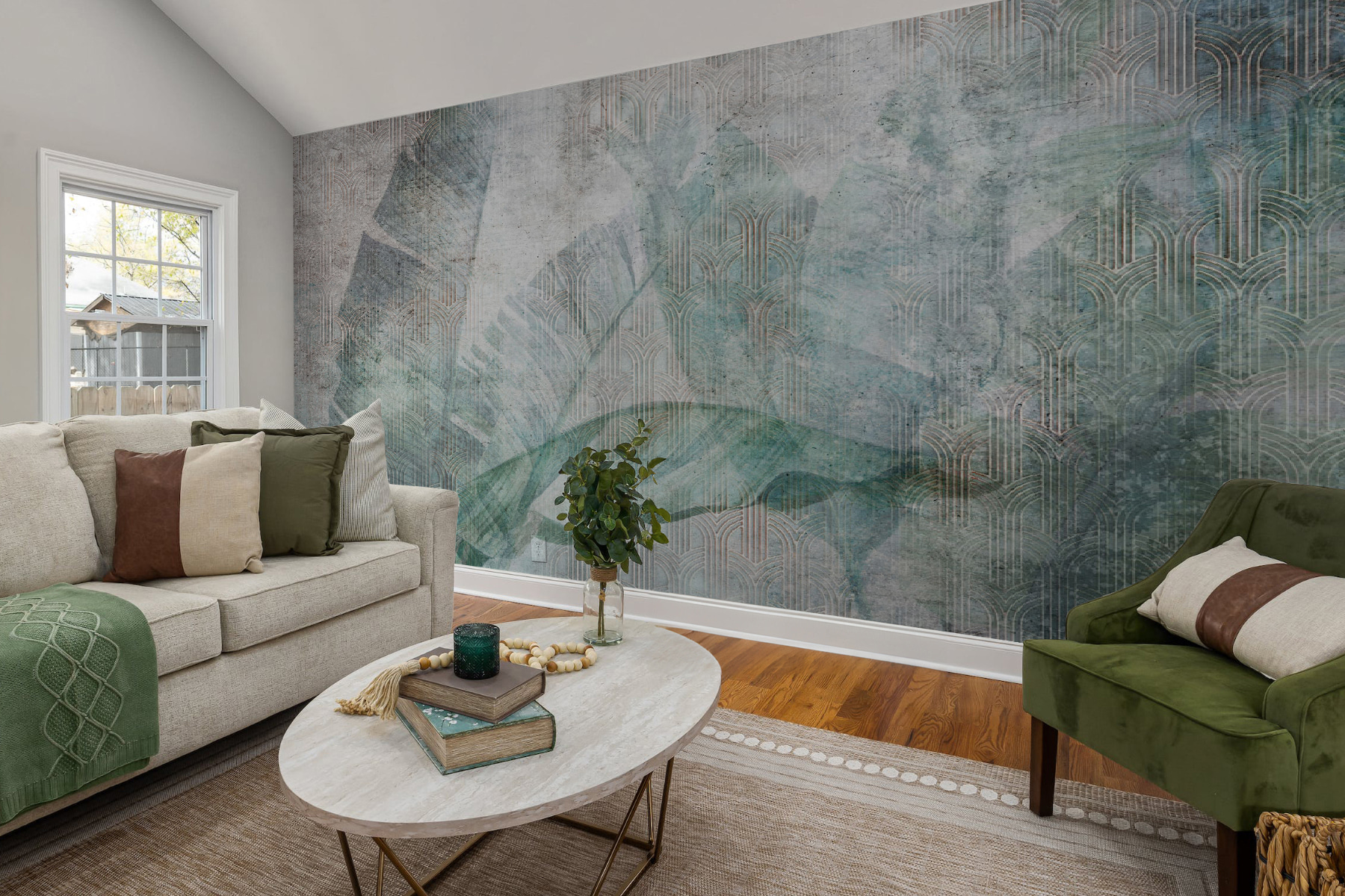 Wall murals Big green banana leaves and marble texture nr. u96927