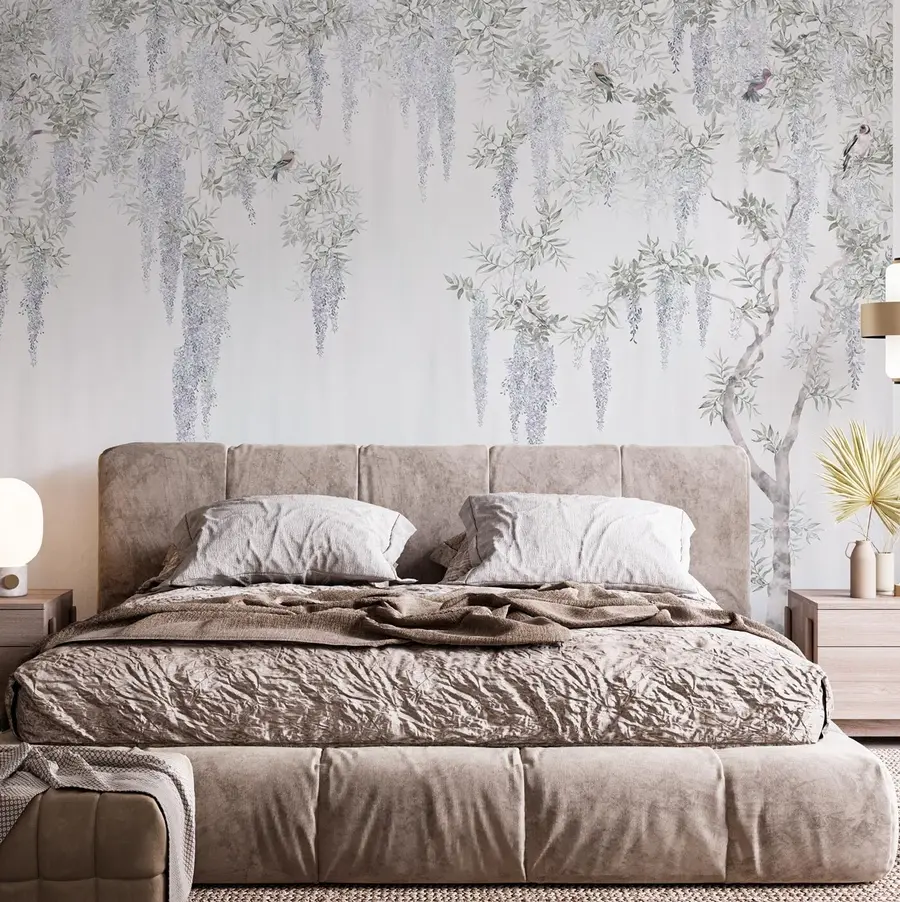 wall murals Flowers of wisteria, wisteria, minimalism, monochrome, loft and Japanese style u96928