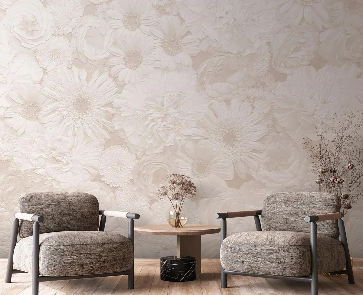 wall murals Lush flowers in the style of rococo and boho monochrome u96930