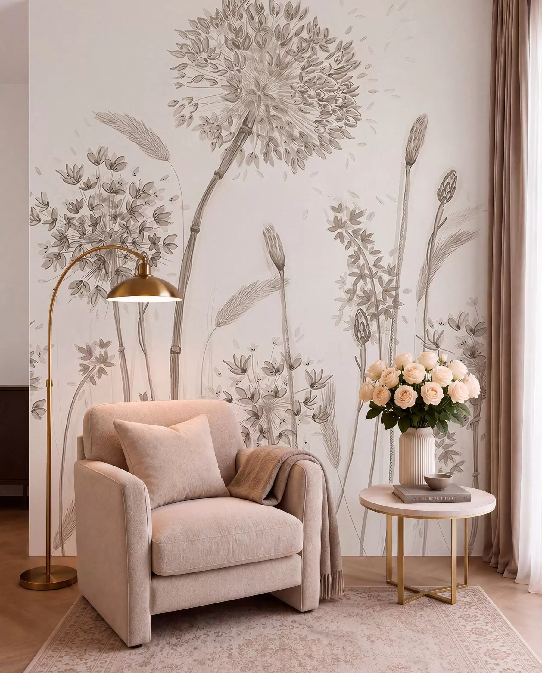wall murals Large meadow flowers of dandelions monochrome style loft minimalism u96934
