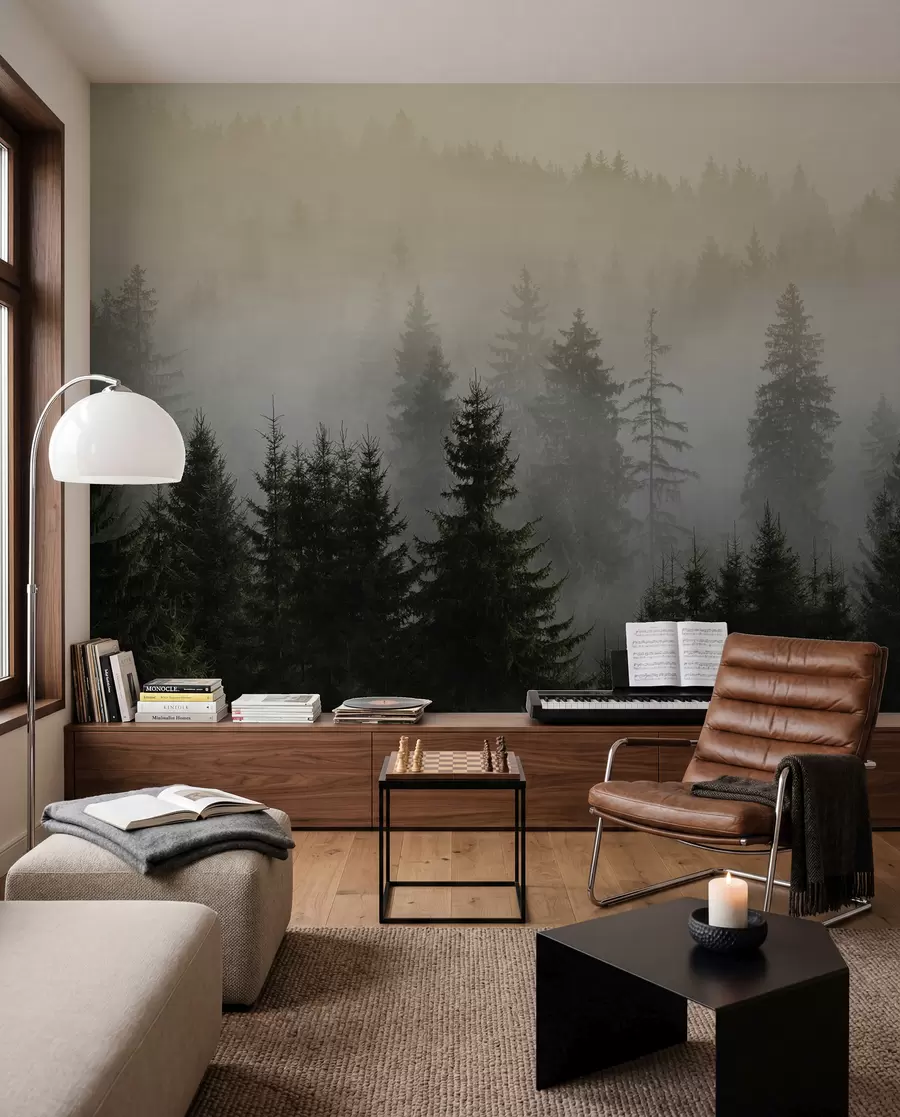 wall murals Dark spruce silhouette surrounded by mist u96999