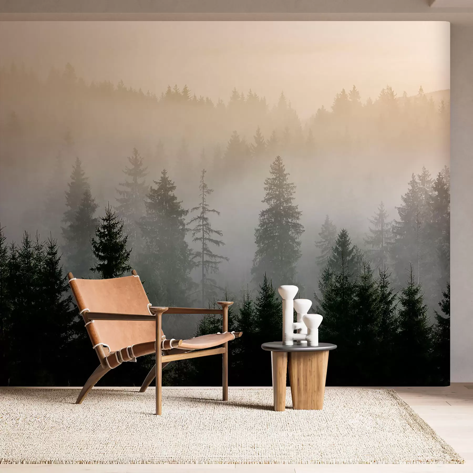 wall murals Dark spruce silhouette surrounded by mist u96999